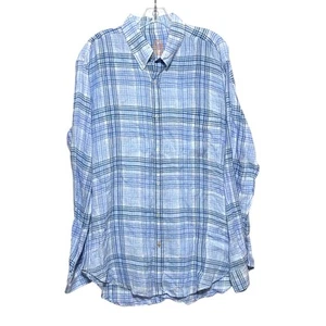J McLaughlin Linen Button Down Blue White Plaid Shirt Mens Large Front Pocket - Picture 1 of 7