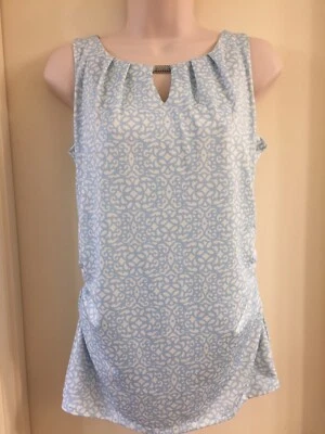 Camiseta sin mangas Larry Levine estampado azul y marfil fruncida talla S Usada en Excelente Condición Foto 1 de 4