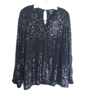 Cable & Gauge Women Black Sequins Keyhole V-Neck Spilt Long Sleeves Blouse sz 3X - Picture 1 of 11
