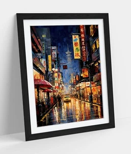 TOKYO CITY STREET AT NIGHT, MODERN PAINTERLY STYLE-FRAMED ART POSTER PAPER PRINT - Picture 1 of 10