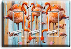 TROPICAL PINK FLAMINGO WORN OUT WOOD 3 GFCI LIGHT SWITCH WALL PLATES ROOM DECOR - Picture 1 of 1