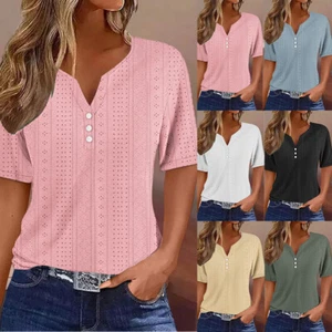 Women's Short Sleeve Button V-Neck Tops Blouse Casual Loose Summer T-Shirt US - Picture 1 of 25