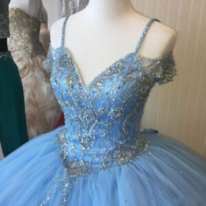Cinderella Blue Quinceanera Dresses Ball Gown Beaded Pageant Sweet 16 Prom Party
