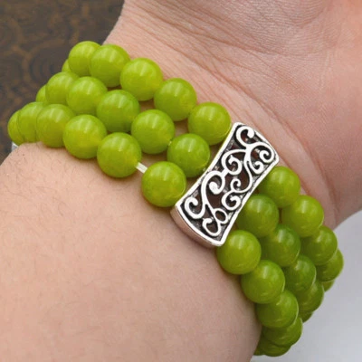 3 Rows 8mm Green Peridot Round Gems Beads Tibetan Silver Stretch Bracelet 7.5" - Image 1 of 4