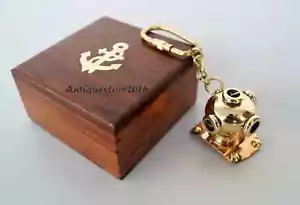 Vintage Maritim Messing Taucherhelm Schlüsselanhänger mit Naturholzbox Geschenk - Bild 1 von 3