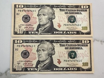 Lot Of 2 Series 2017A $10 Dollar Bills Federal Reserve Note Consecutive - Image 1 of 2