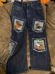Jeans vintage XO Samurai denim ricamato Ramie Y2K larghi gamba larga 36x32 - Foto 1 di 18