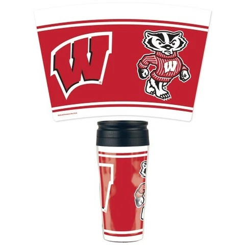 WISCONSIN BADGERS 16 OZ INSULATED TRAVEL COFFEE MUG HOT COLD NCAA LICENSED Cover