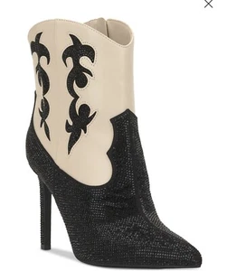 INC Women's Indigo Mid-Calf Boots Fabric Pointed Stiletto Heel Bone/Black Bling - Picture 1 of 5