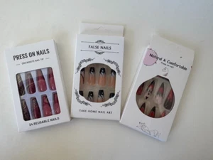Lot of 3 Press-On Nails | Red Pink Coffin, Black White Square, Pointy Red Black - Picture 1 of 8