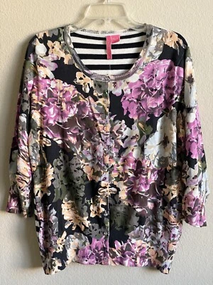 Cárdigan Suéter Charlotte Tarantola Floral Negro Rayas Flores 1X NUEVO con ETIQUETA Foto 1 de 4