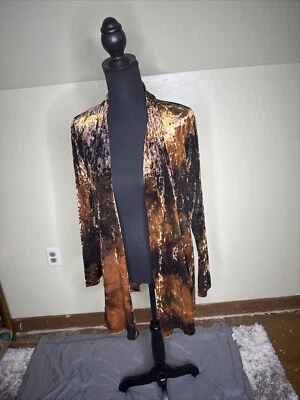 Cárdigan Susan Graver Estampado Terciopelo Aplastado Tejido Frente Abierto Dorado/Marrón Med Foto 1 de 4