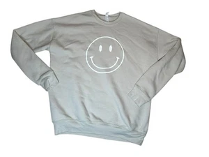 Smiley Face Fleece Blend Crewneck Tan Sweatshirt LARGE - Picture 1 of 6