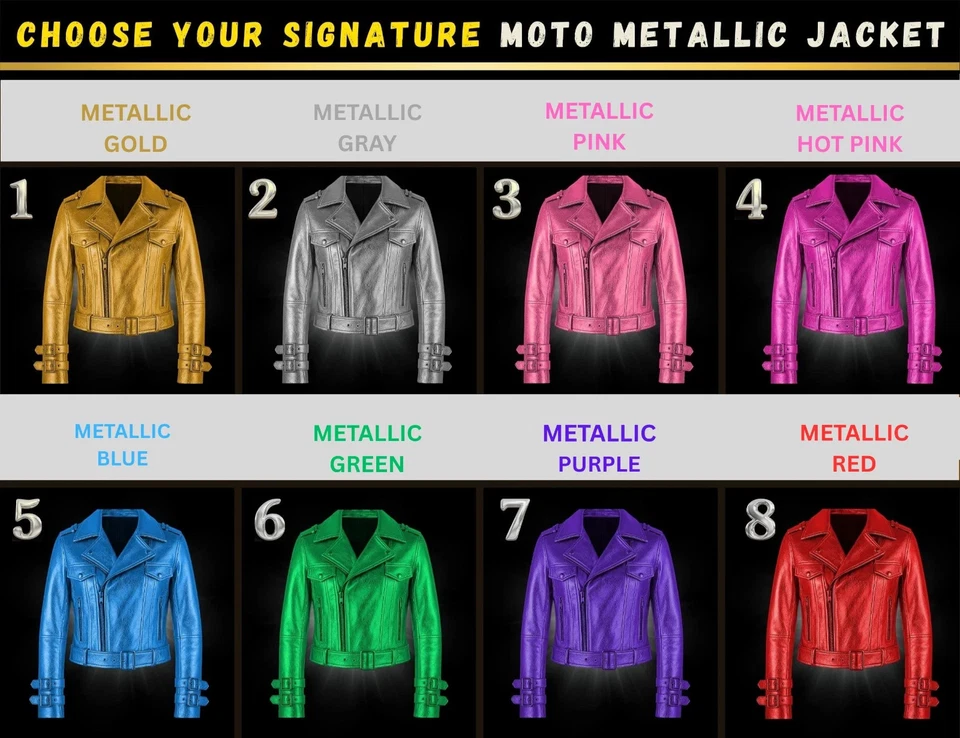 全新 女式 金属色皮革夹克 时尚 骑行者 闪亮羊皮 皮革 夹克 — 第 1/4 张图片