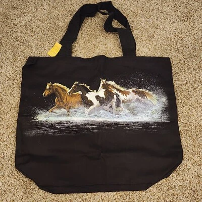 美丽的黑色 3 马帆布托特包 约 18"x 16" 全新 黑色肩带  — 第 1/4 张图片