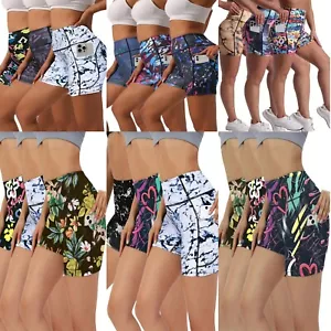 Damen-Yogashorts hohe Taille bedruckt 3 Stück dehnbar Seitentaschen Laufshorts - Bild 1 von 29