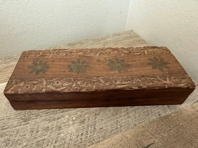 Vintage Wood Box Brass Inlay Floral Flowers Hinged Lid Lined Trinkets - Image 1 of 4