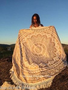 Hippie Ombre Mandala Round Beach Fringe Throw Tapestry Indian Cotton Yoga Mat - Picture 1 of 1