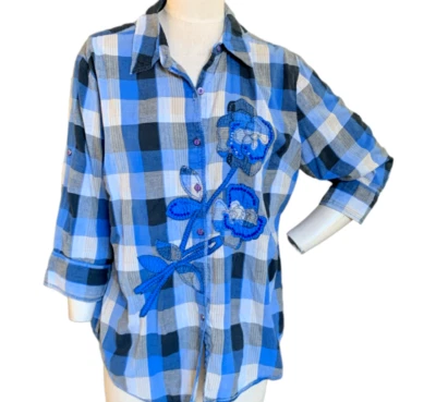 Westbound Blue Buffalo Plaid Button Front Embroidered Flowers Sequins Sz 1X #88i - Image 1 of 4