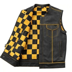 Herren Motorrad Rindsleder Weste Biker Club Weste schwarz gelb Karofutter - Bild 1 von 3