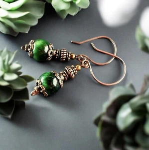 Green Tigers Eye Earrings Copper Earrings Dangle Earrings Gemstone 7th 18th - Picture 1 of 5