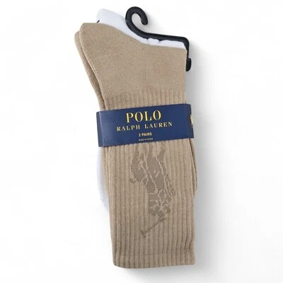Pacote com 2 meias Polo Ralph Lauren masculinas tonais jogador de pônei tripulação bege branco - Imagem 1 de 4