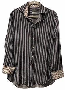 Thomas Dean Men's Size L Purple Grey Stripe Cotton Contrast Flip Cuff Shirt - Picture 1 of 5