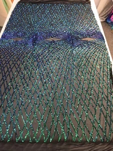 IRIDESCENT GREEN SEQUINS DIAMOND DESIGN EMBROIDERY ON A 4 WAY STRETCH MESH-1YARD - Picture 1 of 9