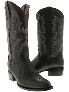 Mens Black Cowboy Boots Leather Teju Lizard Pattern Western Round Toe Bota