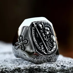 Anello Vintage San Cristoforo Proteggici Acciaio Inox Uomo Ragazzo Regalo Ring - Foto 1 di 3