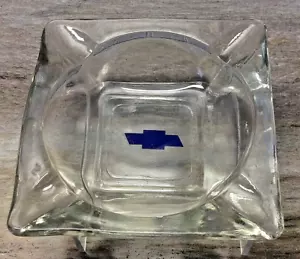 Square 4-3/4" Clear Glass Ashtray 4 slot Blue CHEVROLET Bowtie on bottom - Picture 1 of 3