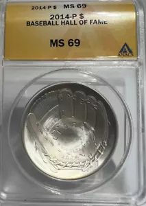 2014 P BASEBALL HALL OF FAME SILVER COMMEMORATIVE DOLLAR $1 ANACS MS 69 - Picture 1 of 4