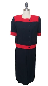 Vintage Dress SIZE SMALL Set top skirt ADELE SIMPSON 80S 90S Navy Red Linen - Picture 1 of 7