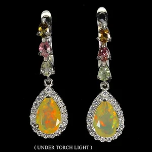 925 Sterling Silver Earrings Pear Fire Opal 9x6mm Tourmaline No USA Import Fees - Picture 1 of 14