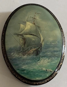 5" Fedoskino signierte alte russische Lackschatulle handbemalt Meer Segelschiff - Bild 1 von 5