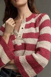 ANTHROPOLOGIE Pilcro Manga Campana Henley Suéter Rosa y Crema Rayas Cuello en V Talla M - Imagen 1 de 14
