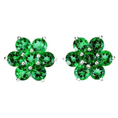 925 Sterling Silver Earrings Round Green Topaz 4mm Flower Gemstone Jewelry - Image 1 of 4