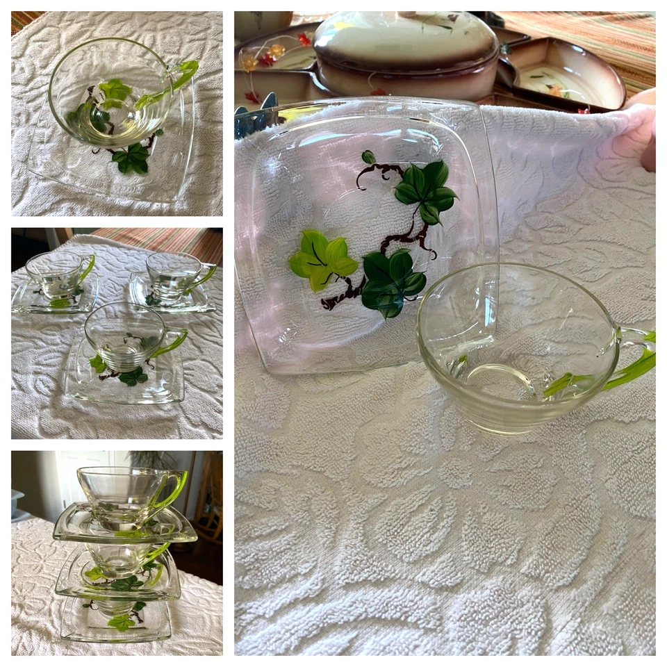 COPOS E PIRES QUADRADOS DE VIDRO TRANSPARENTE VINTAGE HAZEL ATLAS FRANTASIA GAY FAD IVY ~3 CONJUNTOS - Imagem 1 de 4