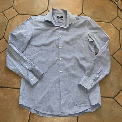Hugo Boss Mens Size 43 Slim Fit Easy Iron Check Shirt Blue White Work occasion  - Image 1 of 4