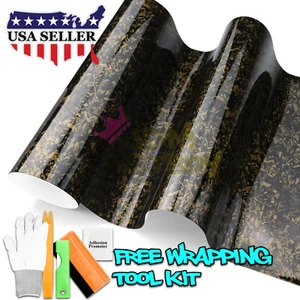 Forged Gloss Carbon Fiber Black Gold Car Vinyl Wrap Air Release Sticker Sheet - Picture 1 of 12