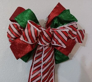 Beautiful tree topper Bow, 52"×13", Red, Green And White Stripes With Glitter - Picture 1 of 2