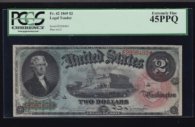 US 1869 $2  Rainbow Legal Tender FR 42 PCGS 45 PPQ Ch VF (493) - Image 1 of 2
