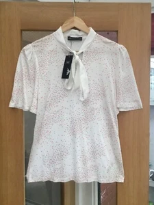 M&S New With Tags Pussy Bow Tie Neck Light Jersey T-Shirt Blouse Top Size 10 - Picture 1 of 8