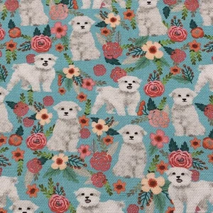 1 Yard Maltese Havanese White Dog Pink Flowers Teal Cypress Cotton Canvas CUTE! - Picture 1 of 5