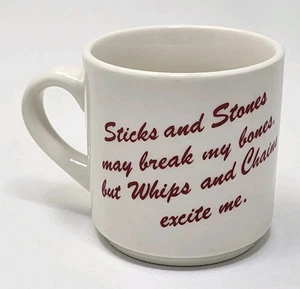 Vtg Coffee Mug Cup Belcrest Sticks Stones May Break Bones Whips Chains Excite Me - Picture 1 of 3