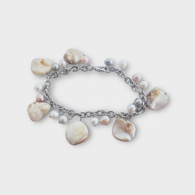 Mother of Pearl & Baroque Cultured Fresh Water Pearls Silver Tone Boho Bracelet - Image 1 of 4