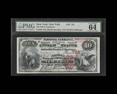 INCREDIBLE 1882 $10 NATIONAL BROWN BACK PMG CHOICE UNCIRCULATED 64 - Image 1 of 4