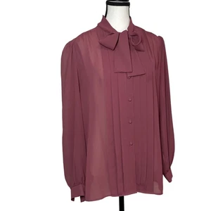 Vintage Womens Pussy Bow Blouse Top XL Sheer Chiffon Pleated Old Money Coquette - Picture 1 of 11