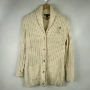 Lauren Ralph Lauren Strickjacke Zopfmuster Wappen Schalkragen Elfenbein Medium Wolle - Bild 1 von 7
