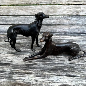 Vintage Set of 2 Greyhound Whippet Dogs Sculpture Bronze Metal Figurines MCM - Picture 1 of 10